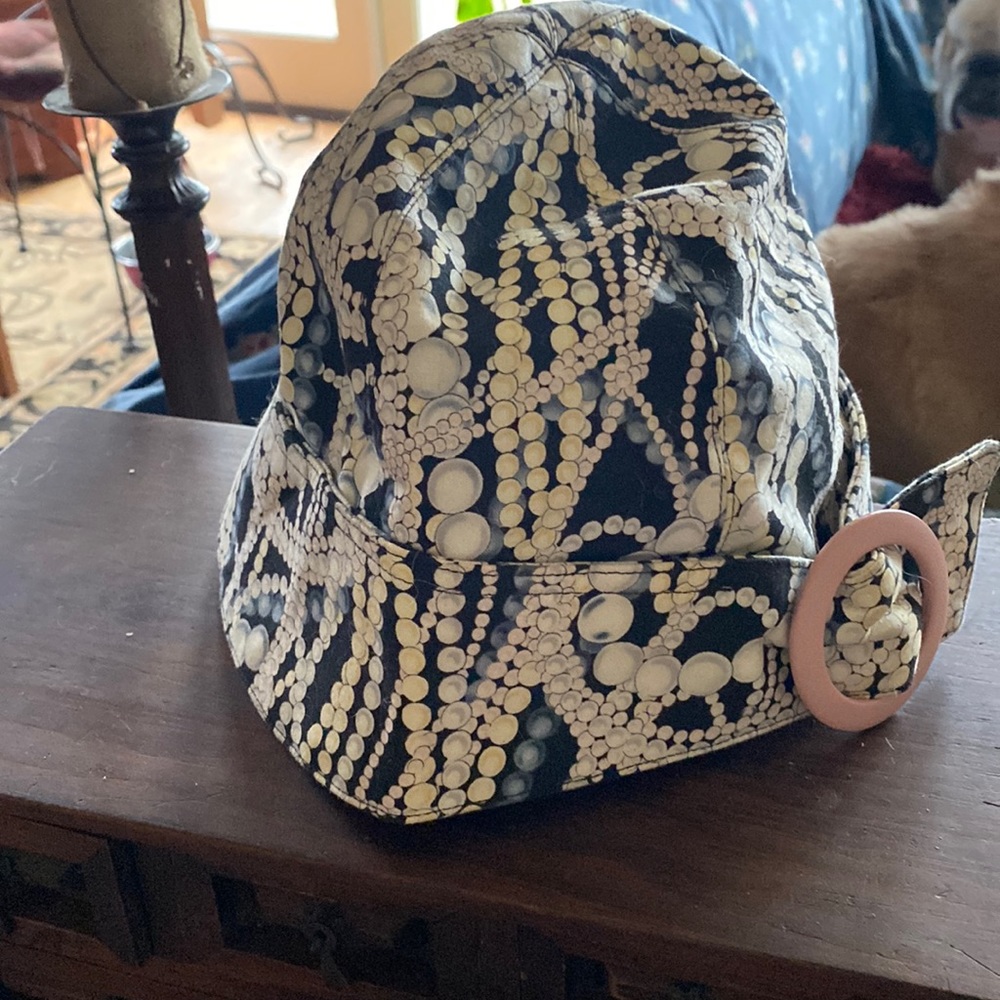 Eugene Kim Cloche Hat, Soft Cotton with Pattern Pink Brooch. 12 “ across.